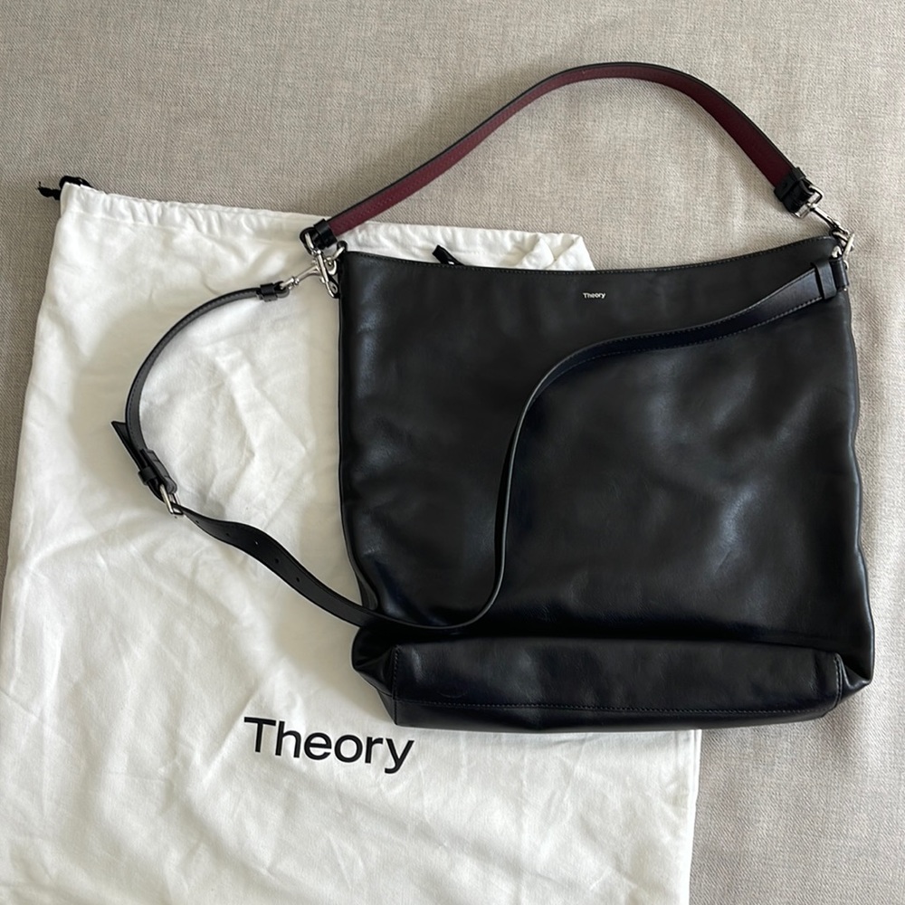 Black Leather Theory Handbag - long and short straps